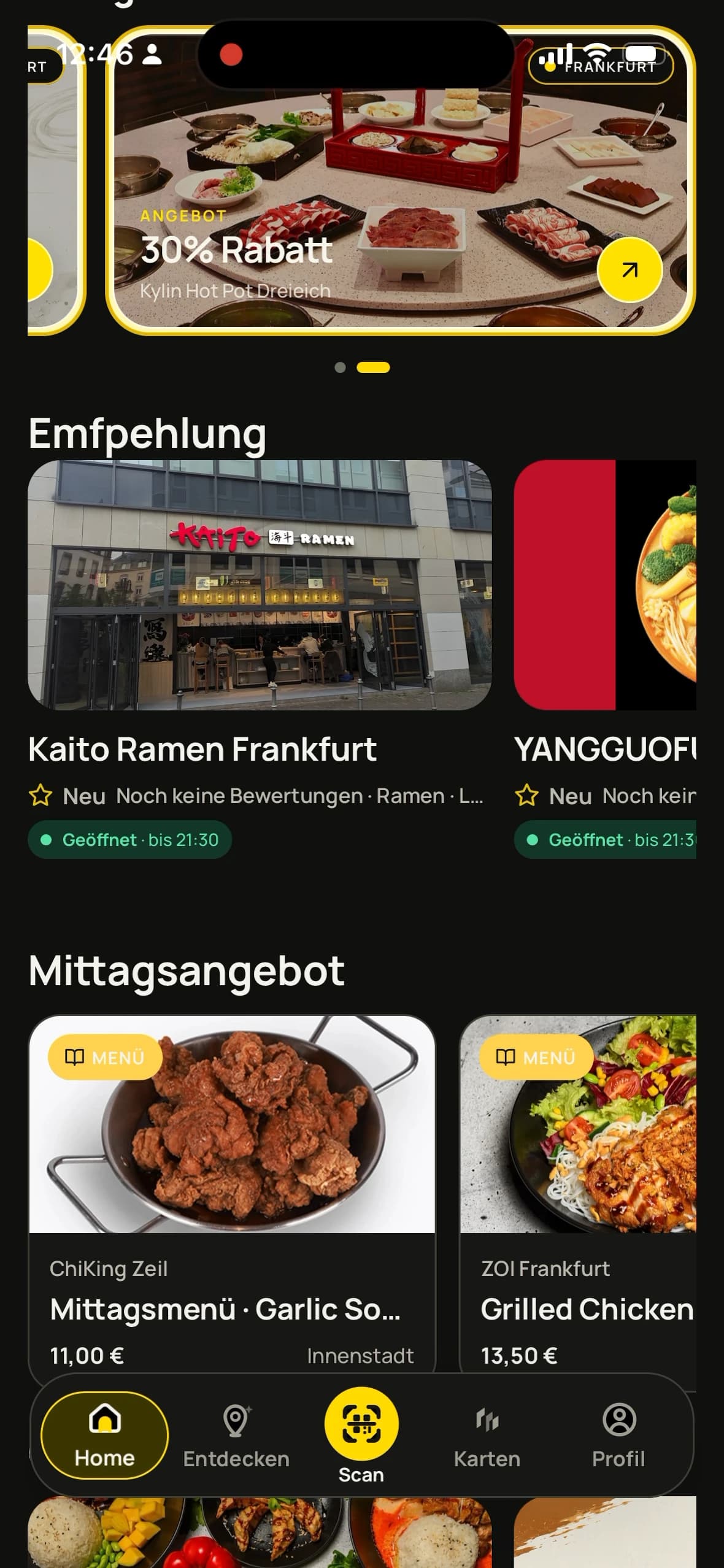 Walify Home mit Restaurants, Angeboten und Empfehlungen in Frankfurt