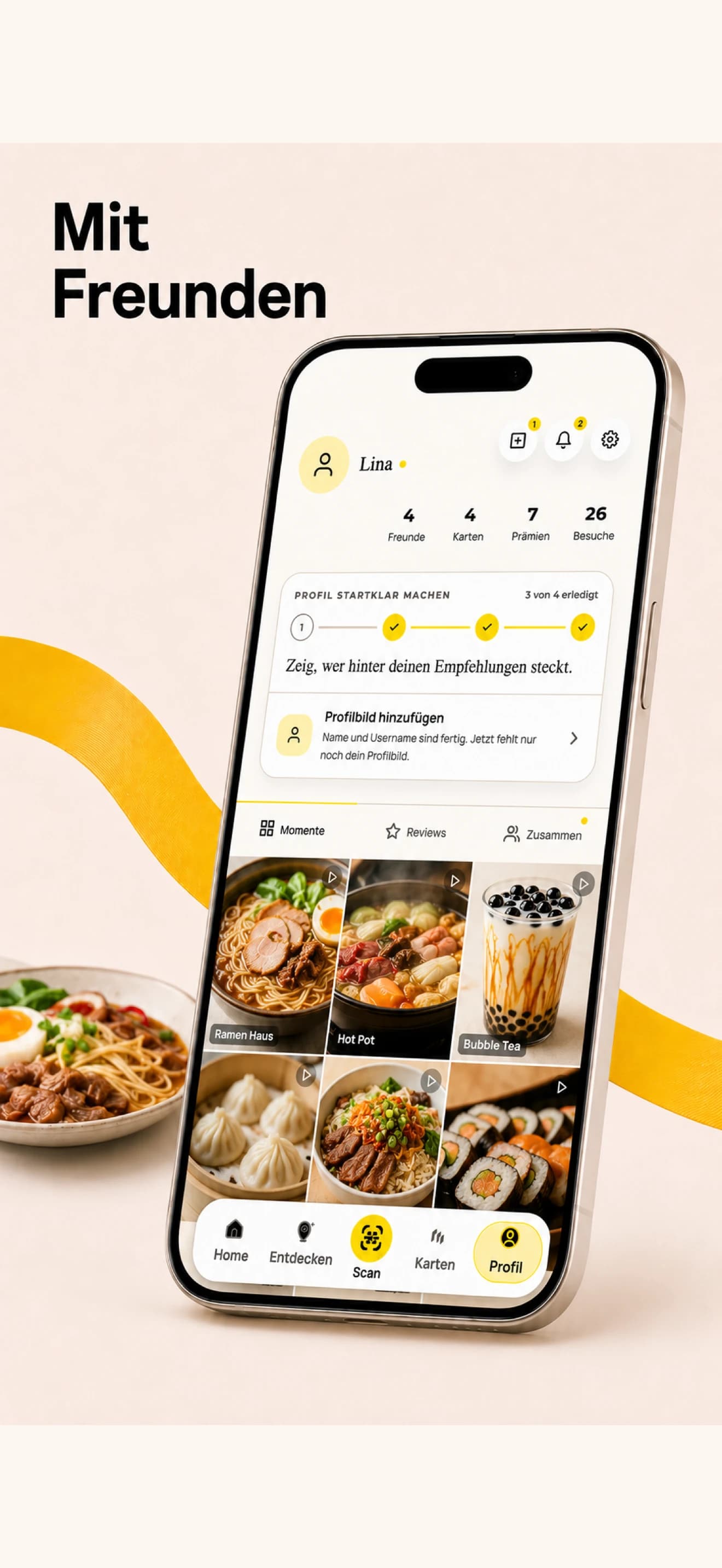 Walify Profil mit Freunde-Zähler und den Bereichen Momente, Reviews und Zusammen
