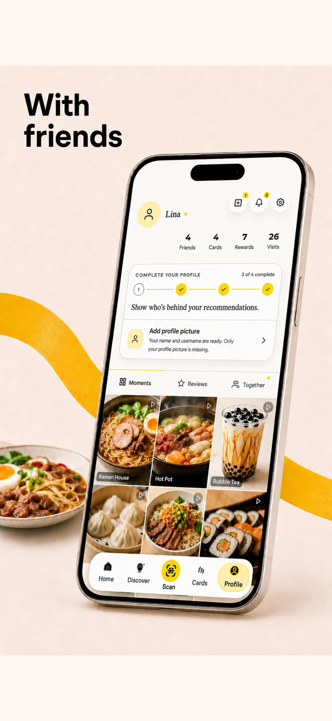 Walify profile with friend count and Moments, Reviews and Together sections